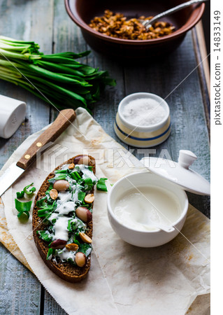 bread with wild garlic, sour cream and quail eggs bread with wild garlic, sour cream and quail eggs 14833149