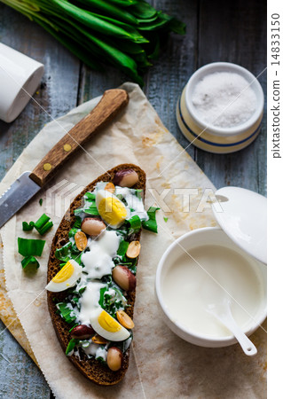 bread with wild garlic, sour cream and quail eggs bread with wild garlic, sour cream and quail eggs 14833150