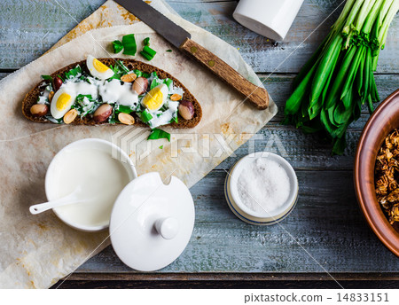 bread with wild garlic, sour cream and quail eggs bread with wild garlic, sour cream and quail eggs 14833151