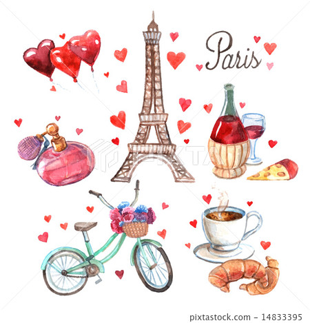 Paris symbols watercolor icons composition  14833395