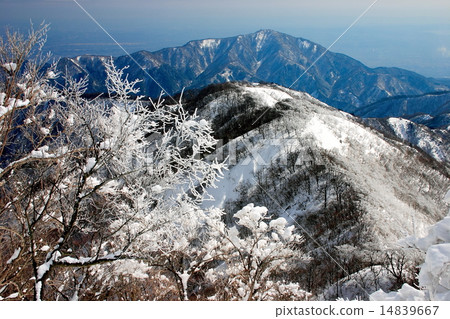 從Tanzawa和Tonodake看見的表土坎和山在雪 14839667