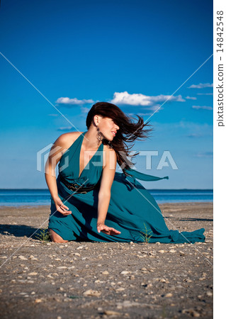 Young woman at the beach in beautiful dress 14842548