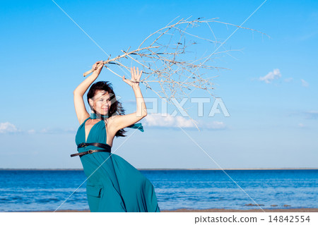 Young woman at the beach in beautiful dress 14842554