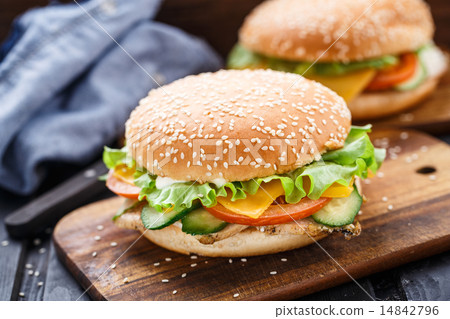 Cesare burger on wooden board 14842796