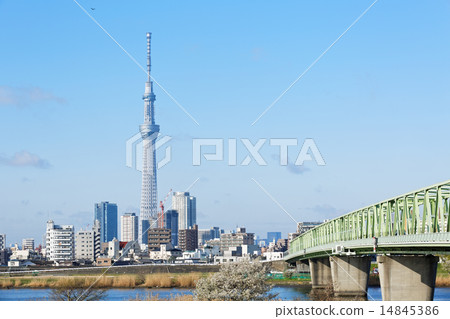 Tokyo sky tree spreading blue sky tree and Kine River Bridge 14845386