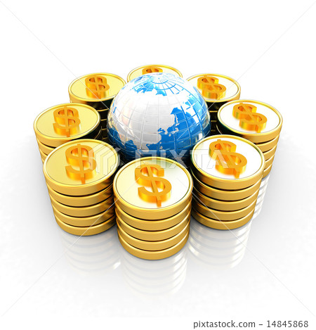 Gold dollar coin stack around the Earth 14845868
