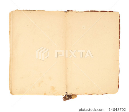 Opened decrepit old book isolated 14848702