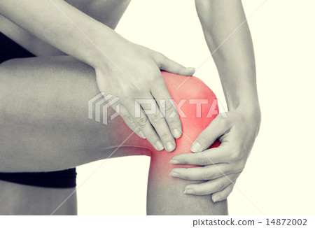 close up of female hands holding knee 14872002