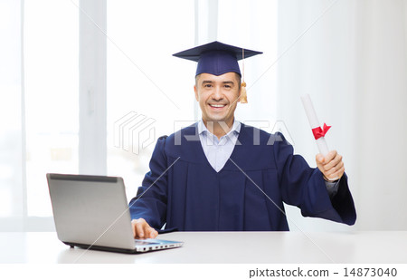 smiling adult student in mortarboard with diploma 14873040