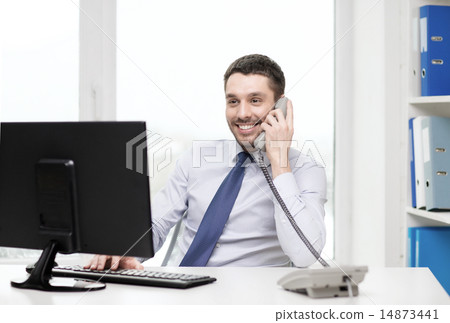 smiling businessman or student with computer smiling businessman or student with computer 14873441