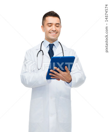 smiling male doctor in white coat with tablet pc smiling male doctor in white coat with tablet pc 14874574