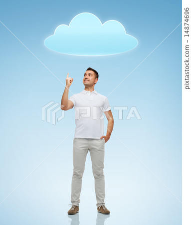 smiling man pointing finger up to cloud 14874696