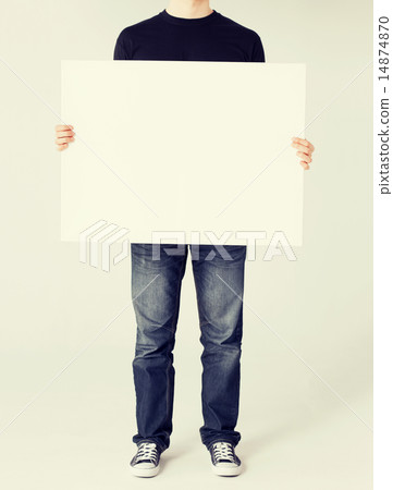 man showing white blank board man showing white blank board 14874870