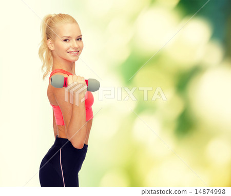 smiling beautiful sporty woman with dumbbell smiling beautiful sporty woman with dumbbell 14874998