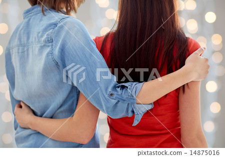 close up of happy lesbian couple hugging at home close up of happy lesbian couple hugging at home 14875016