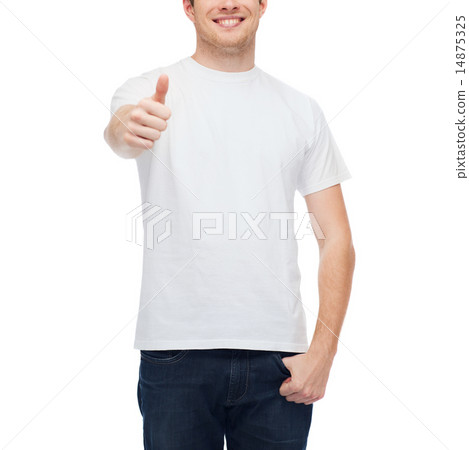 smiling man in white t-shirt showing thumbs up 14875325