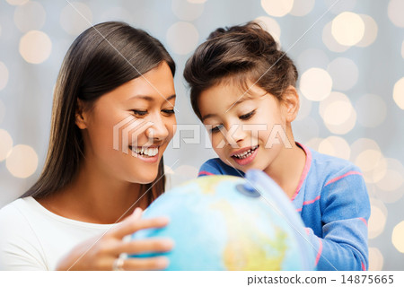 happy mother and daughter with globe 14875665