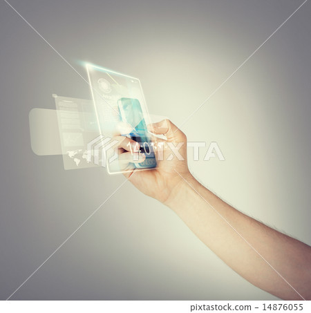 man hand with smartphone and virtual screen 14876055