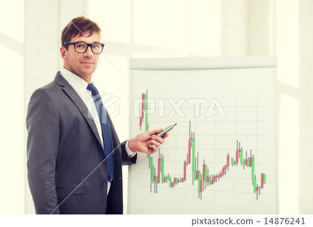 man pointing to flip board with forex chart 14876241