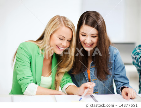 student girls pointing at notebook at school 14877651