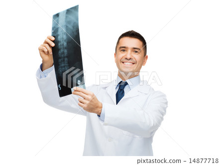 smiling male doctor in white coat holding x-ray 14877718