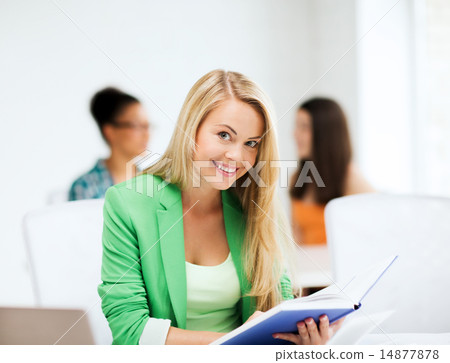 smiling student girl reading book at school smiling student girl reading book at school 14877878