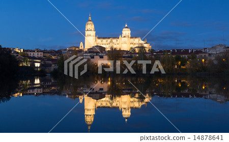 Salamanca Cathedral from Tormes River in night 14878641