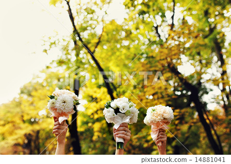 three wedding bouquet in autumn park 14881041