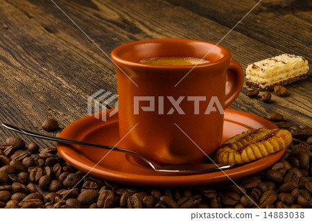 cup of coffee, sweet and coffee beans cup of coffee, sweet and coffee beans 14883038