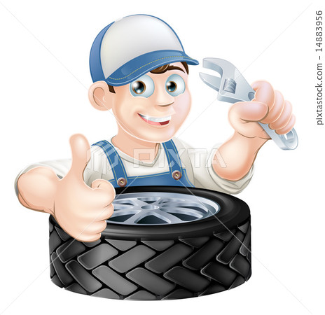 Mechanic with spanner and tire Mechanic with spanner and tire 14883956