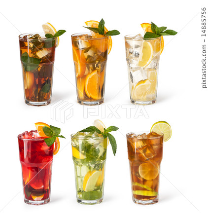 Glasses of fruit drinks with ice cubes 14885756