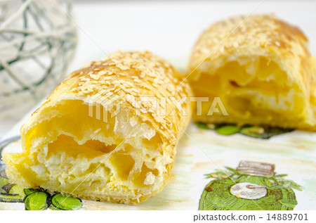 Homemade cheese pie slices on a tray 14889701
