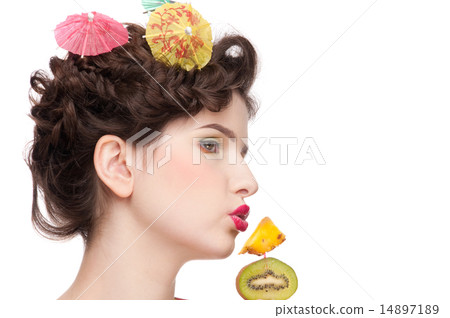 Close up portrait of beauty woman with fruit bodyart and fruit c 14897189