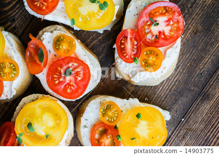 Bruschetta sandwiches on wooden background 14903775