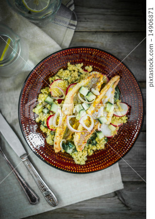 Grilled catfish with quinoa and radish salad Grilled catfish with quinoa and radish salad 14906871