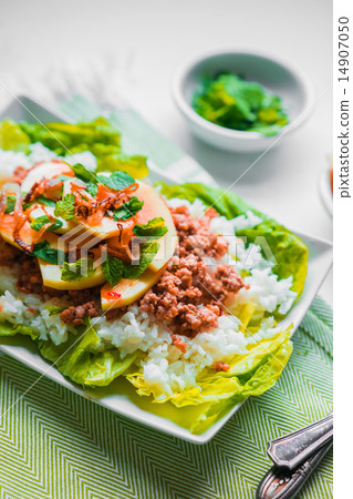 Meat with rice and papaya Meat with rice and papaya 14907050
