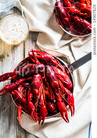 Crayfish on wooden background Crayfish on wooden background 14907620