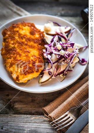 Chicken schnitzel with red cabbage,pears and gorgonzola Chicken schnitzel with red cabbage,pears and gorgonzola 14907622