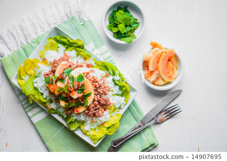 Meat with rice and papaya 14907695