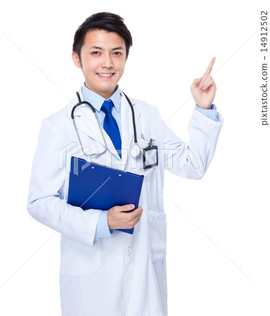 Asian doctor with folder and finger point up 14912502