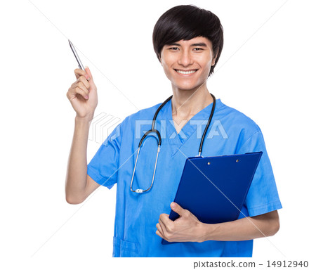 Asian young medical doctor with pen up and clipboard Asian young medical doctor with pen up and clipboard 14912940