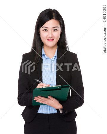 Businesswoman write on clipboard 14913395