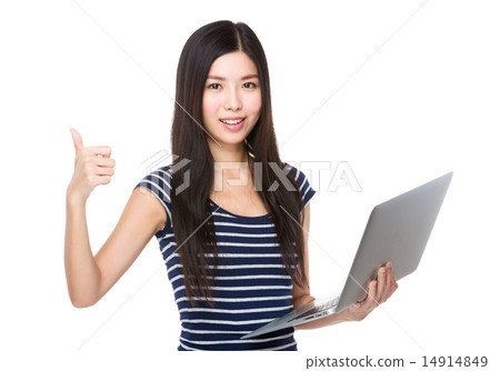 Woman use of laptop and thumb up Woman use of laptop and thumb up 14914849