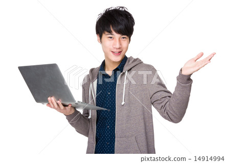 Man use of notebook computer and open hand palm Man use of notebook computer and open hand palm 14914994