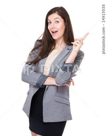 Happy businesswoman with finger point out 14915038