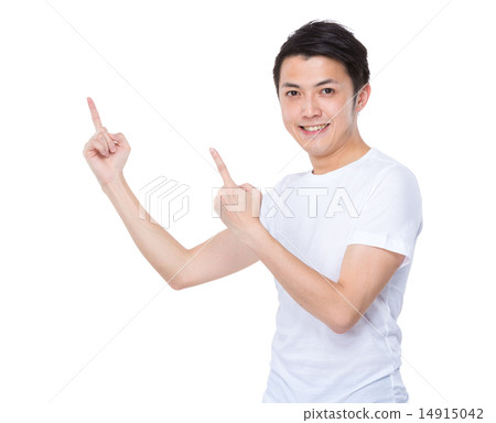Asian man with two finger point up Asian man with two finger point up 14915042