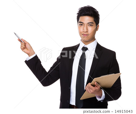 Businessman with clipboard and pen point up Businessman with clipboard and pen point up 14915043