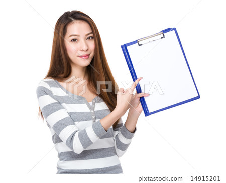 Woman finger point to clipboard Woman finger point to clipboard 14915201