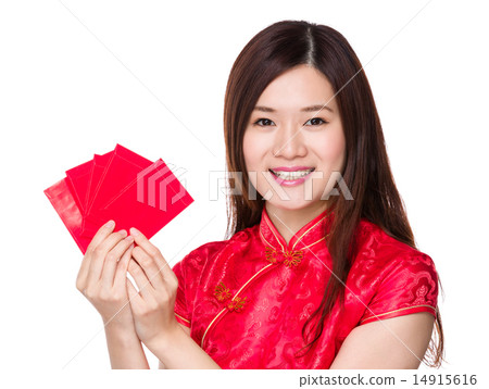 Chinese woman holding red pocket lucky money Chinese woman holding red pocket lucky money 14915616