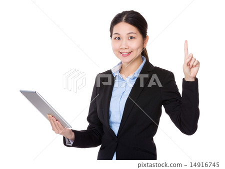 Businesswoman use of tablet and finger up Businesswoman use of tablet and finger up 14916745